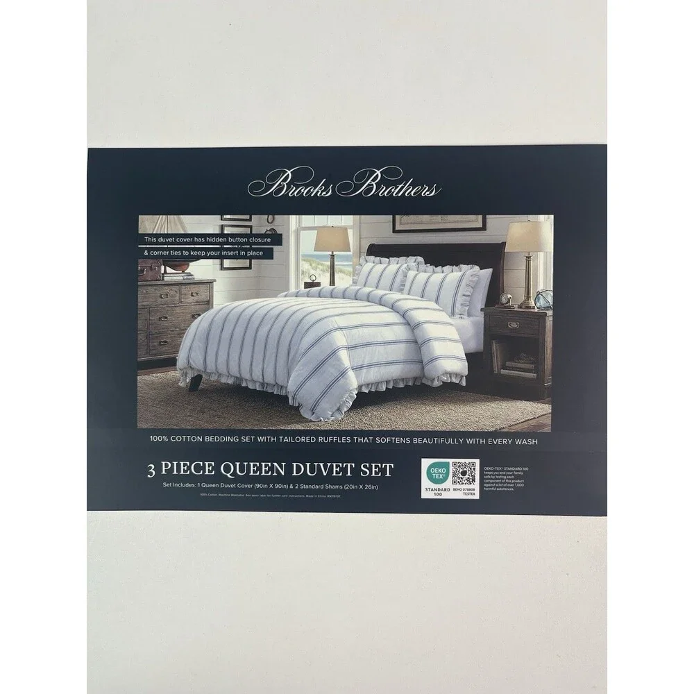Brooks Brothers Queen Duvet Set Blue White Stripe Ruffle 100% Cotton Cottage New